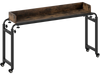 Mobile overbed desk with adjustable height, brown wood top, and lockable wheels for versatile use with queen size beds.