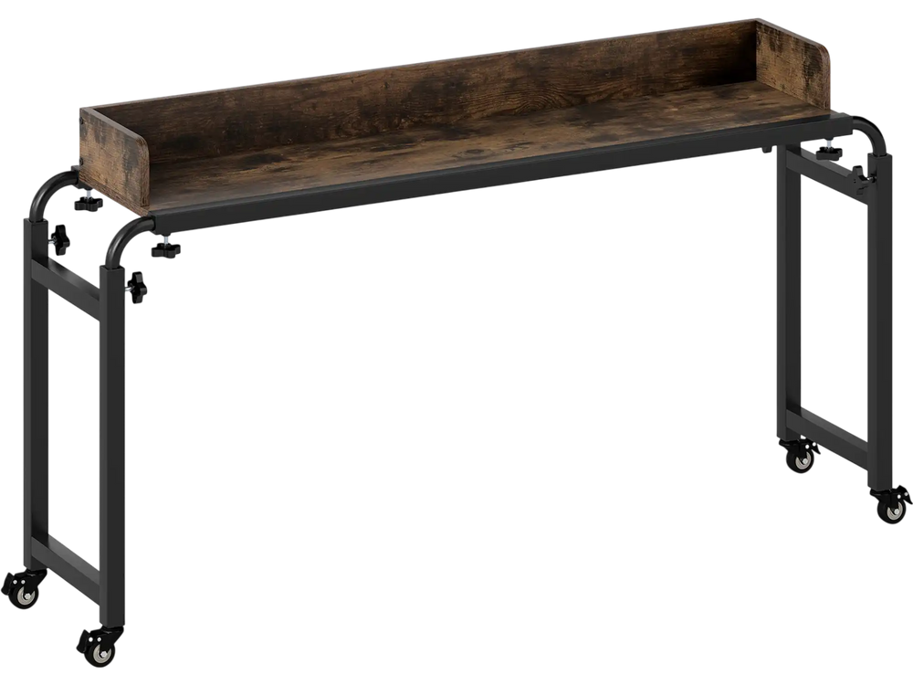 Mobile overbed desk with adjustable height, brown wood top, and lockable wheels for versatile use with queen size beds.