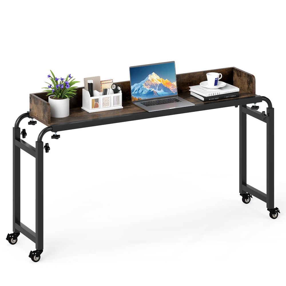 Overbed desk with wheels in brown, featuring adjustable height, large tabletop, and lockable wheels for versatile use.