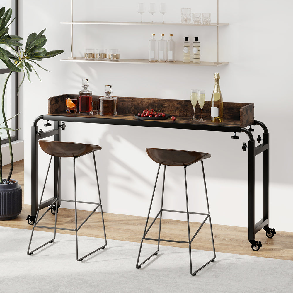 Mobile overbed desk with adjustable height, sturdy metal frame, and lockable wheels for versatile use with queen size.