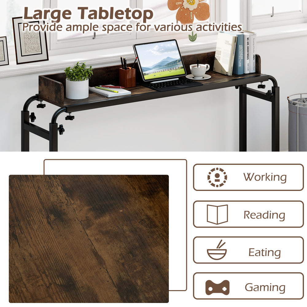 Overbed desk with wheels in brown, featuring a large tabletop for working, reading, eating, and gaming activities.