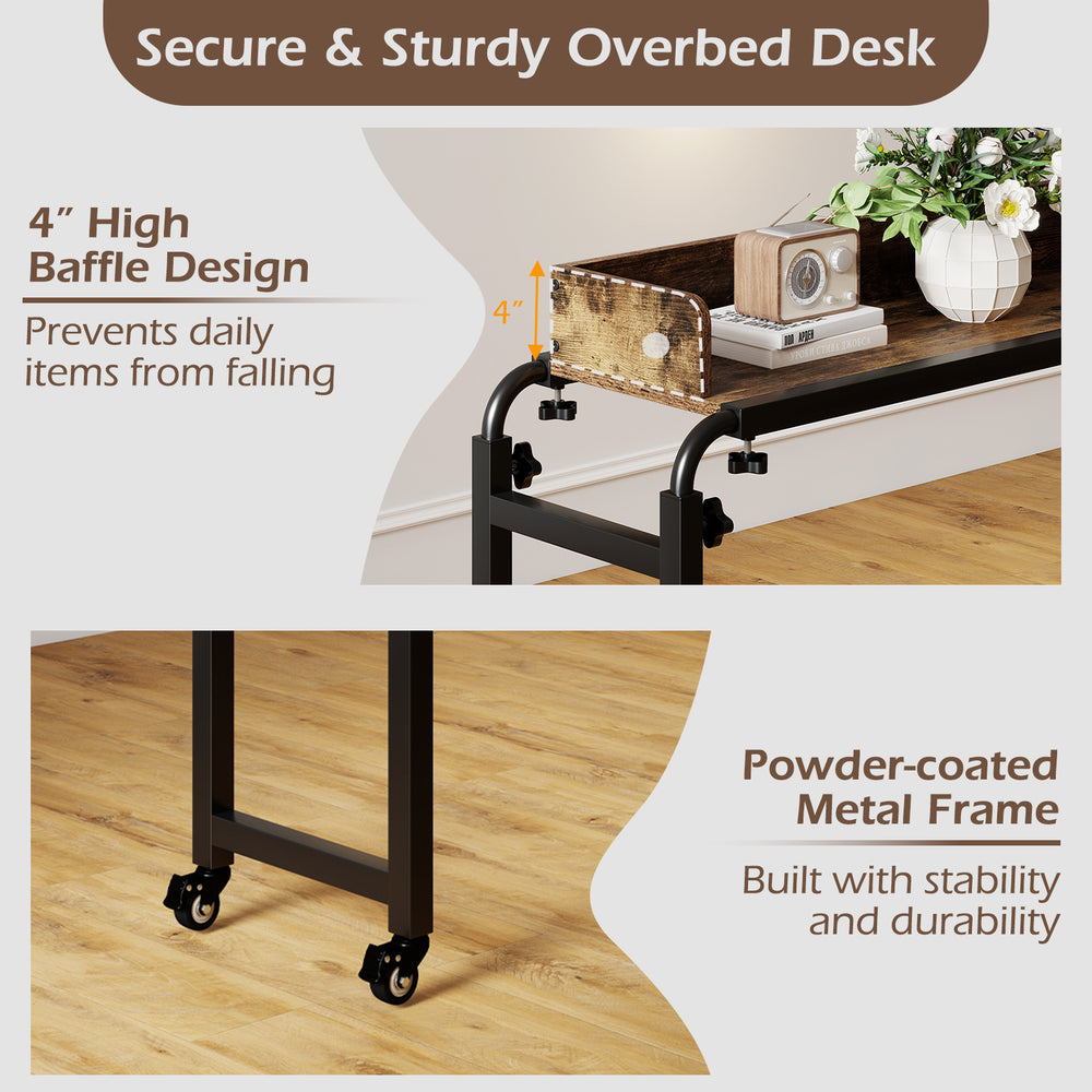 Overbed desk with wheels featuring a 4" high baffle design and sturdy powder-coated metal frame for stability and.
