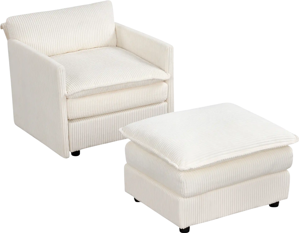 Oversized accent chair and ottoman in beige corduroy, featuring deep seat and cushioned armrests for ultimate comfort.