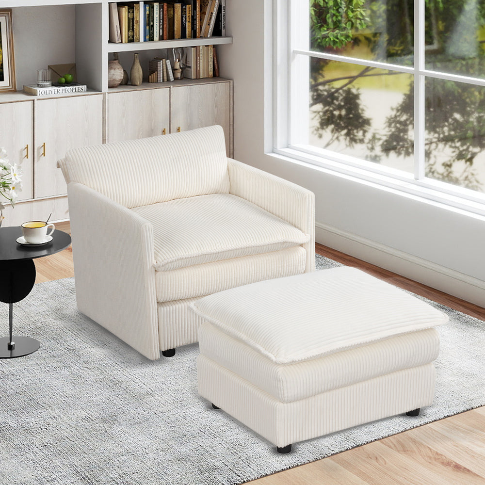 Oversized accent chair with ottoman in beige corduroy, featuring deep seat and cushioned armrests for ultimate comfort.