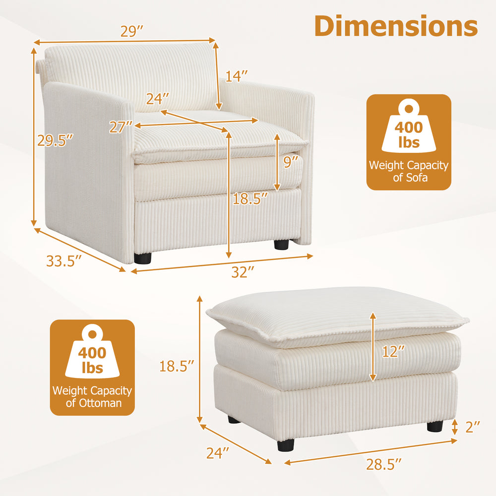 Oversized accent chair with ottoman in beige, featuring soft corduroy cushions and supportive design for ultimate.