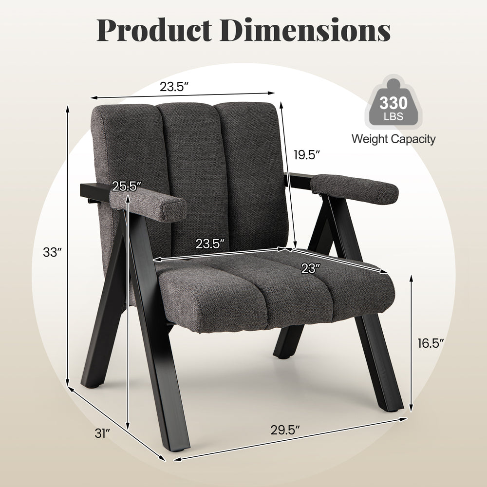 Oversized gray accent chair with metal frame, ergonomic armrests, and dimensions for versatile seating in any space.