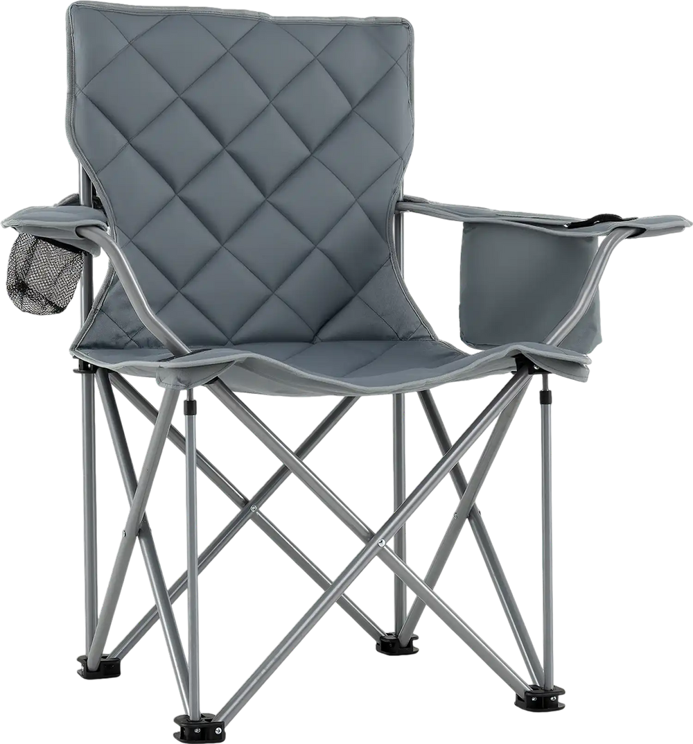 Oversized gray camping chair with cooler pouch, cup holder, and ergonomic design for comfort during outdoor activities.