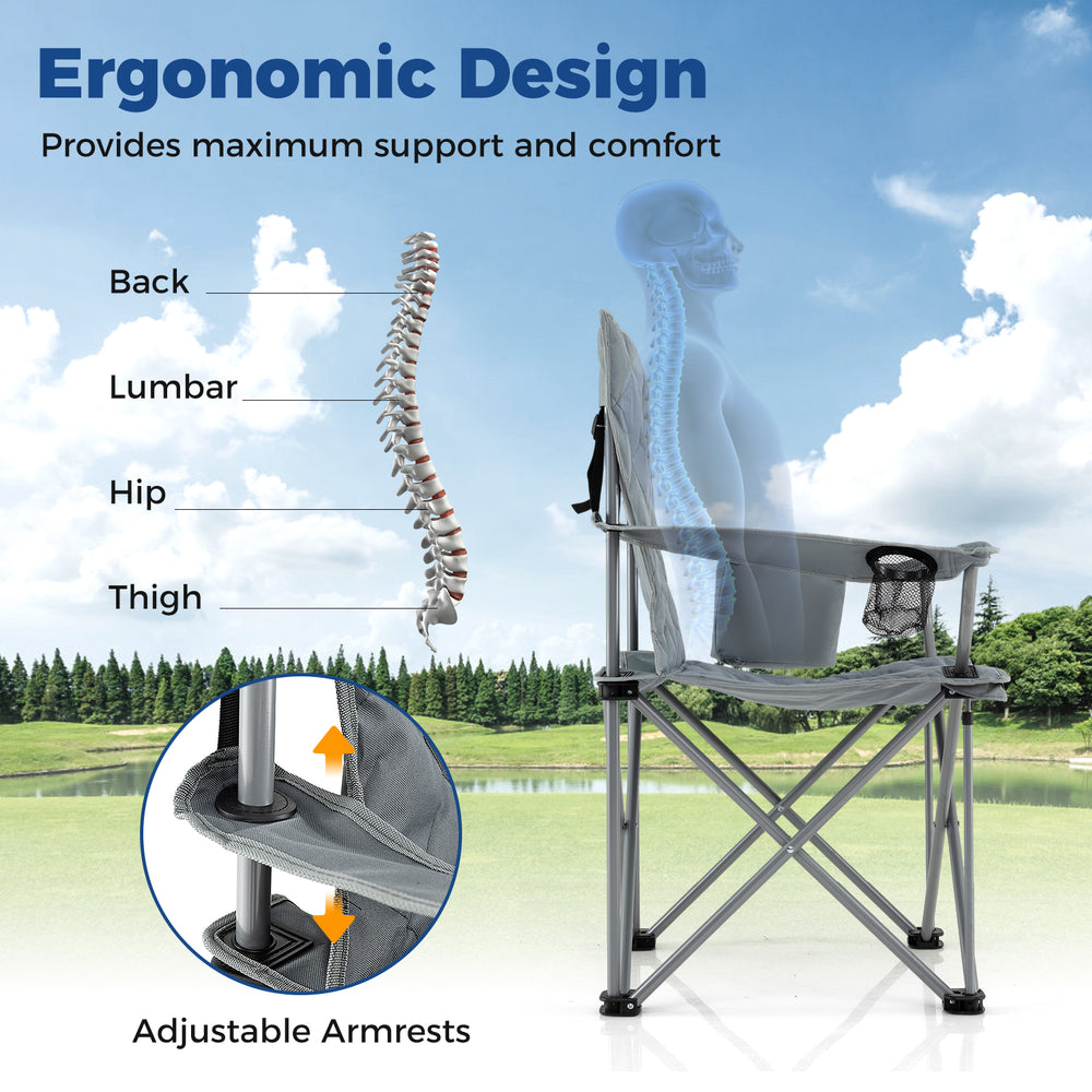 Ergonomic oversized camping chair in gray with adjustable armrests, cooler pouch, and cup holder for outdoor comfort.