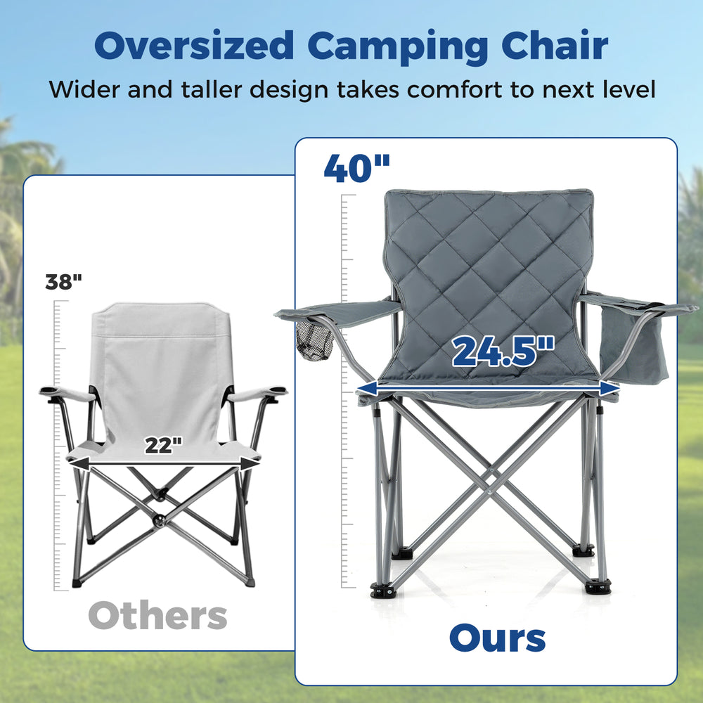 Oversized camping chair with ergonomic backrest, 24.5" wide seat, and built-in cooler pouch for outdoor comfort.