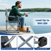 Oversized gray camping chair with cooler pouch and cup holder, supporting up to 500 lbs, perfect for outdoor activities.