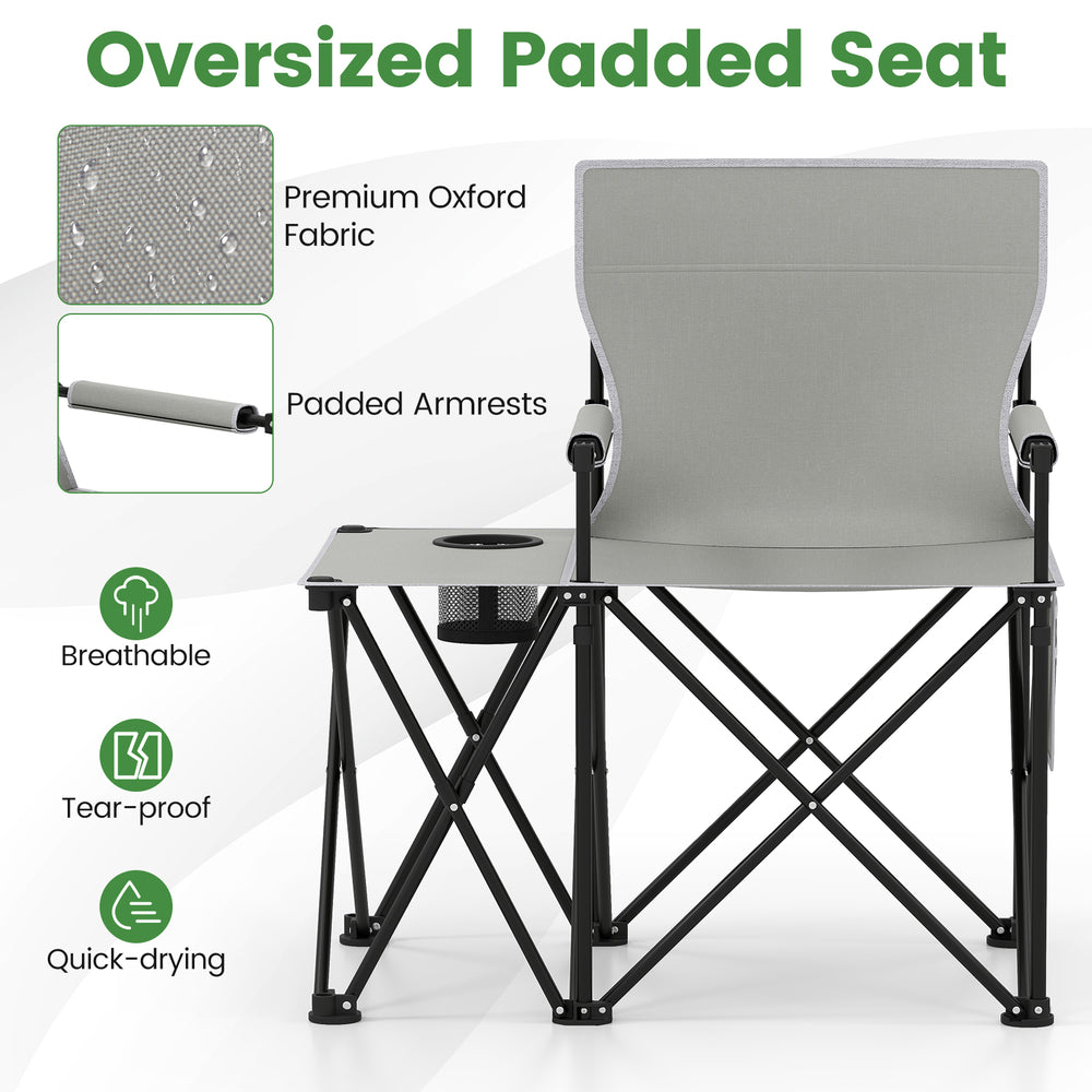 Oversized camping chair in gray with padded armrests, side table, and storage pockets, ideal for outdoor relaxation.