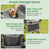 Oversized camping chair in gray with side table, cup holder, and storage pockets for snacks and essentials.