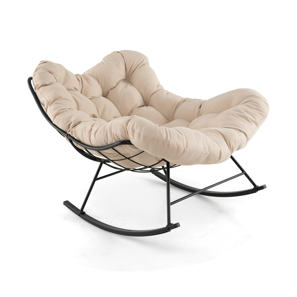 Oversized Egg Papasan chair in beige with thick cushion, designed for comfort and relaxation on porch or patio.