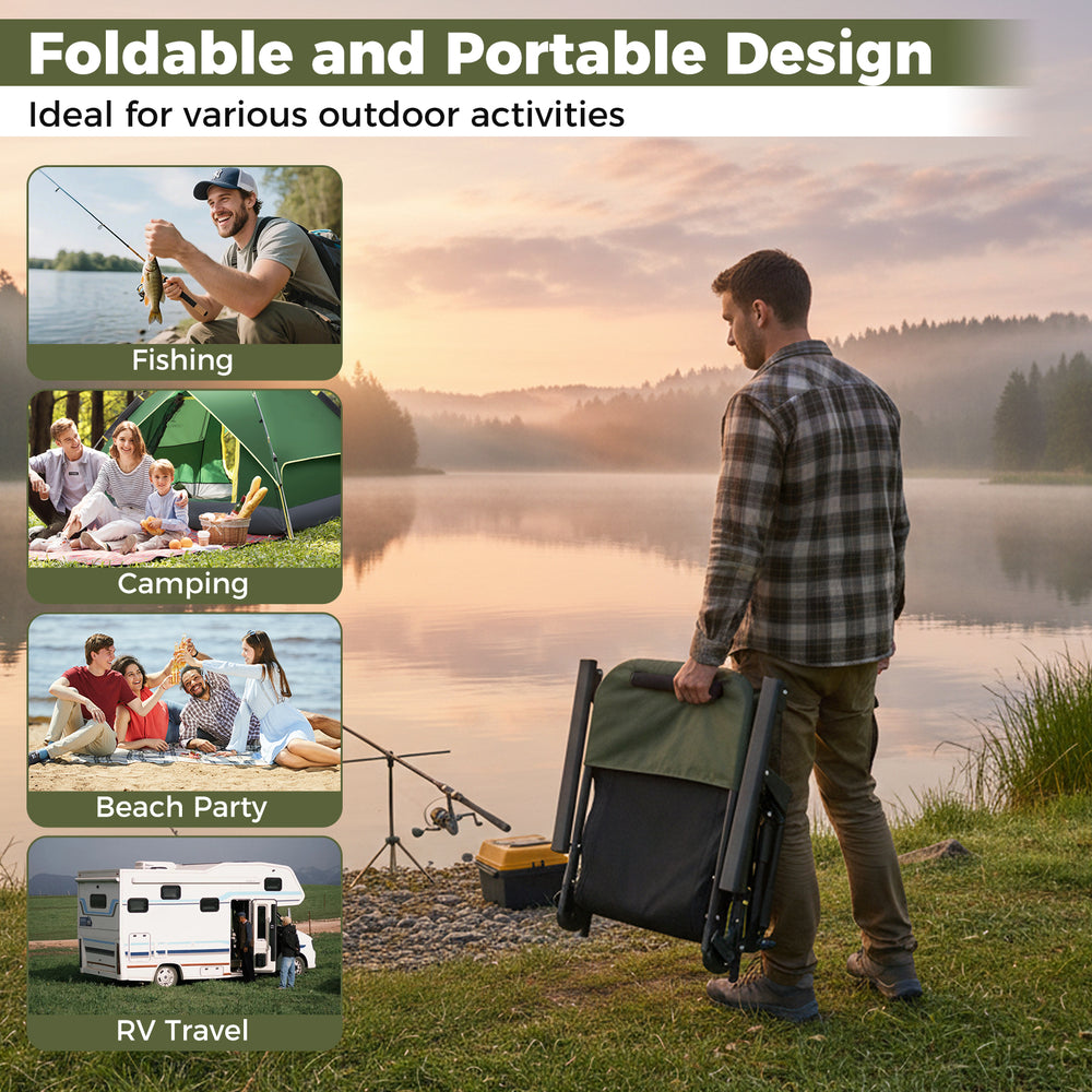 Oversized foldable fishing chair in green, designed for camping and fishing with a side pocket for easy access to.