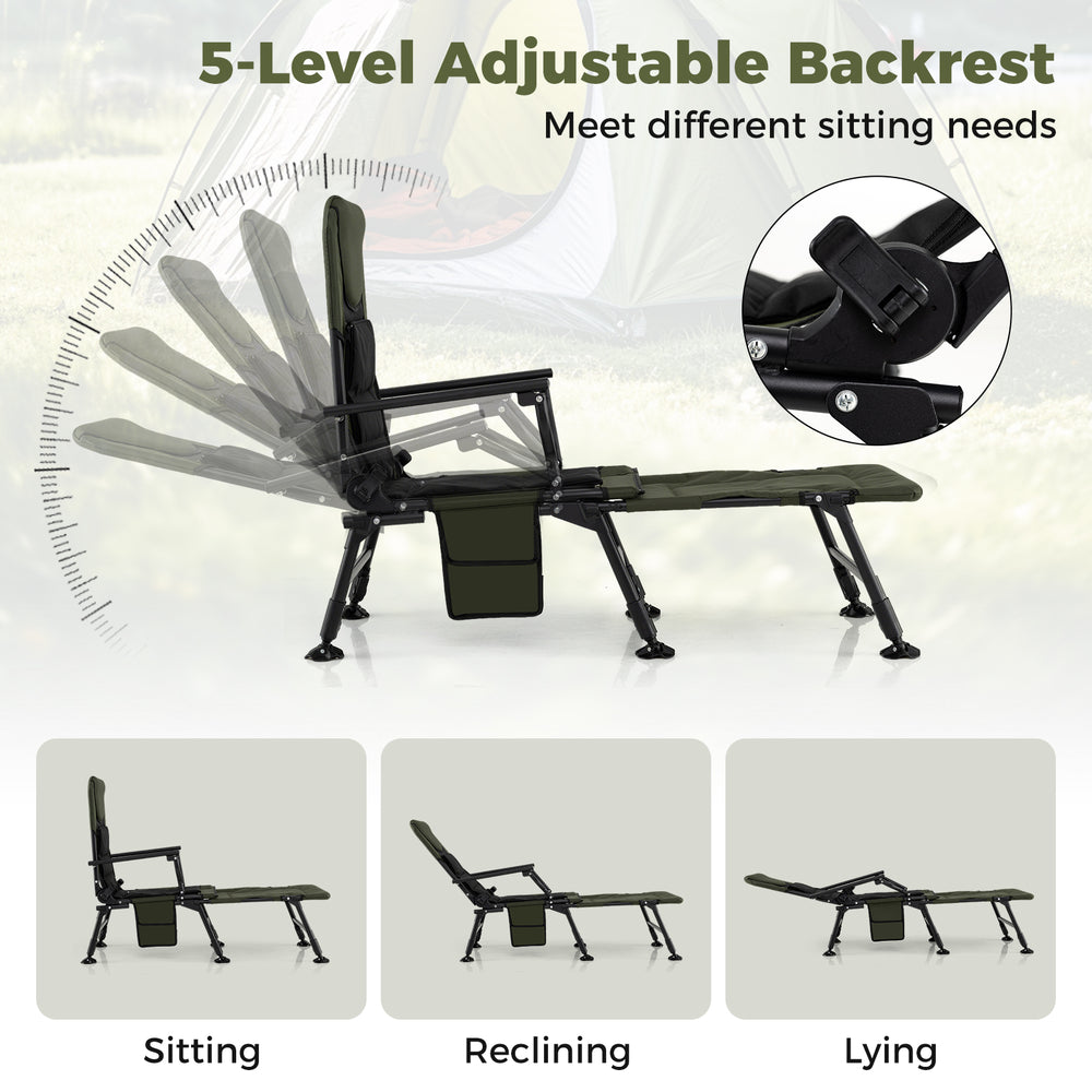 Oversized foldable fishing chair in green with 5-level adjustable backrest, detachable footrest, and padded seat for.