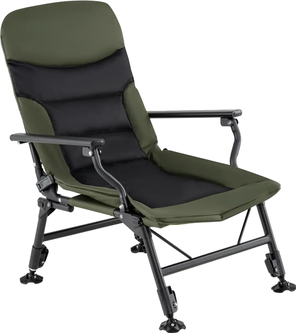 Oversized foldable fishing chair in green with adjustable backrest and armrests, perfect for outdoor adventures.