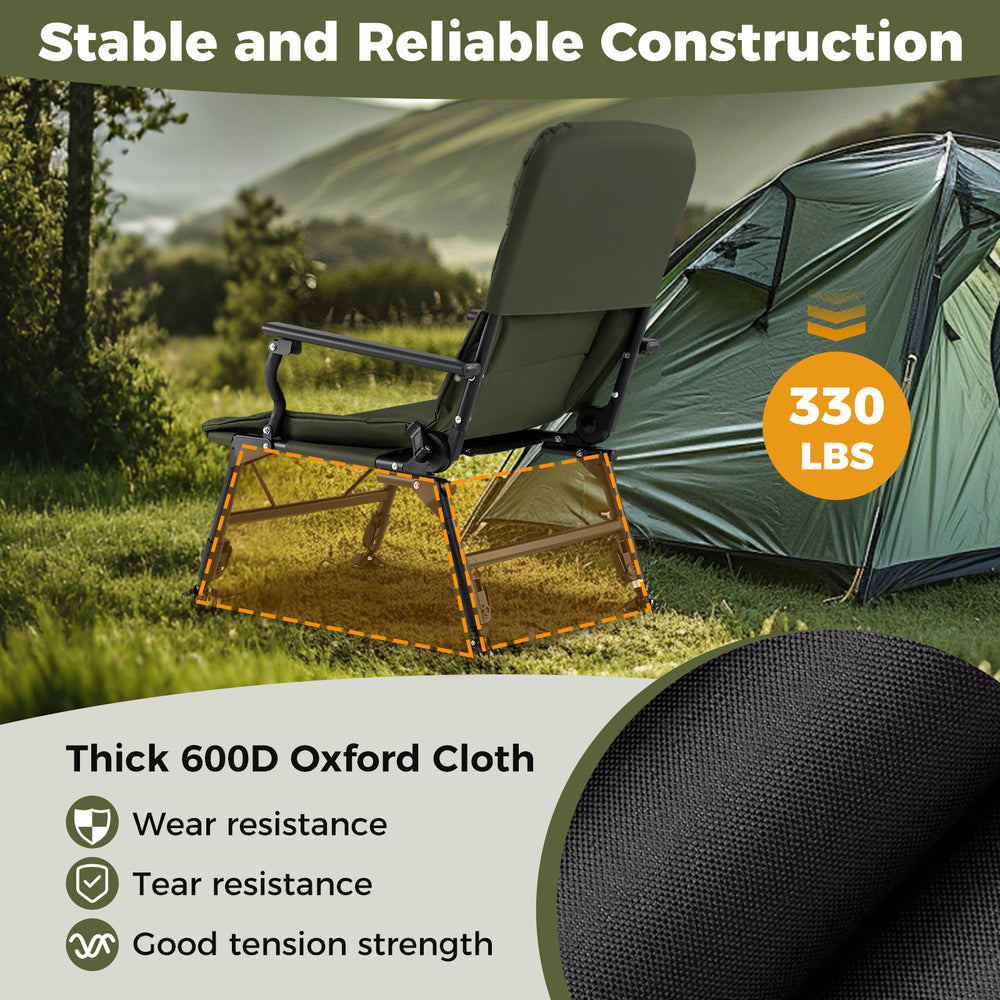 Thick 600D Oxford cloth detail of the oversized foldable fishing chair in green, showcasing wear and tear resistance.