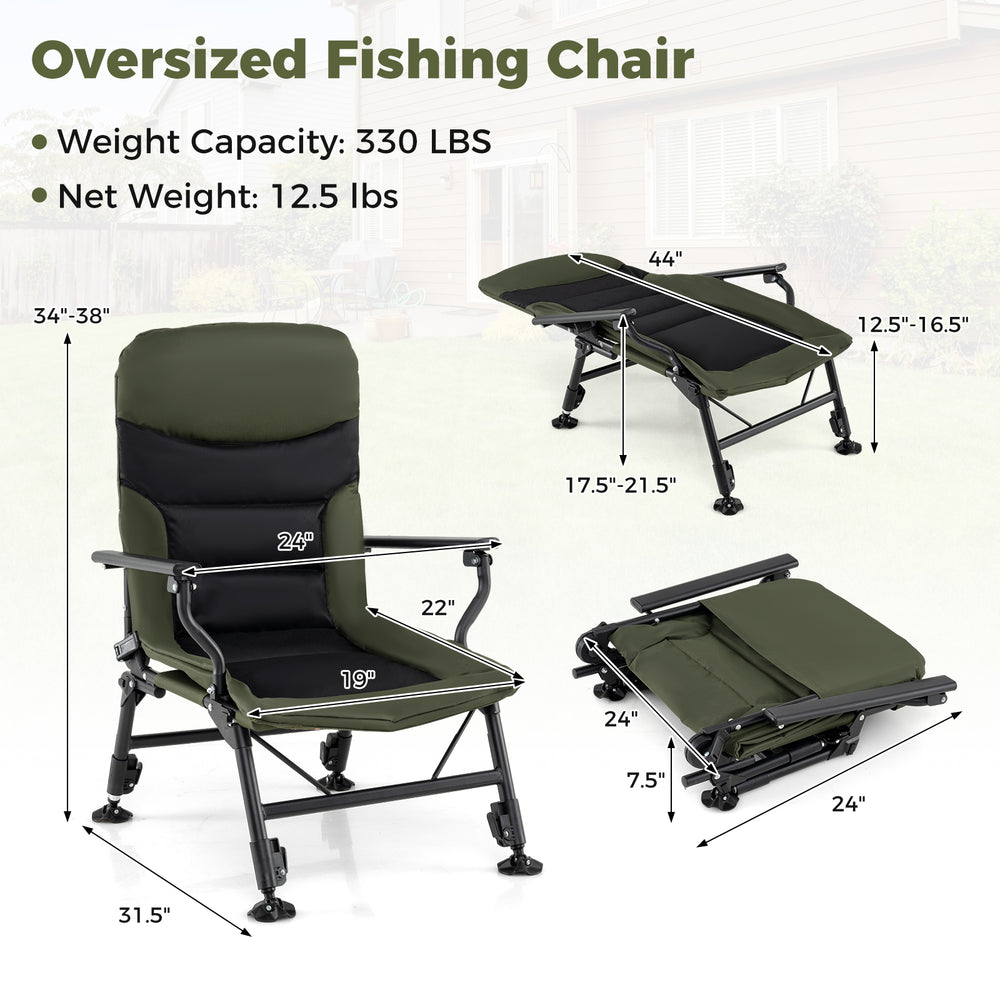 Oversized foldable fishing chair in green with a side view, highlighting its portable design and comfortable padded.