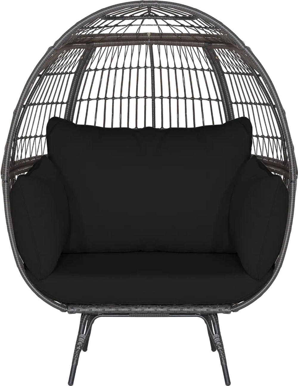 Oversized indoor wicker egg chair with sturdy metal frame and black cushions, perfect for cozy relaxation in any space.