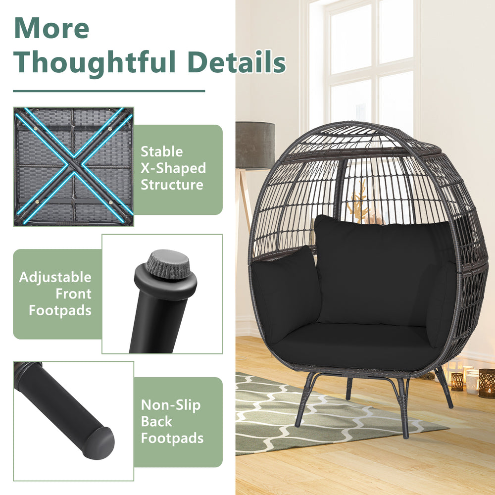 Oversized indoor wicker egg chair with sturdy metal frame, adjustable footpads, and thick seat cushion for comfort.