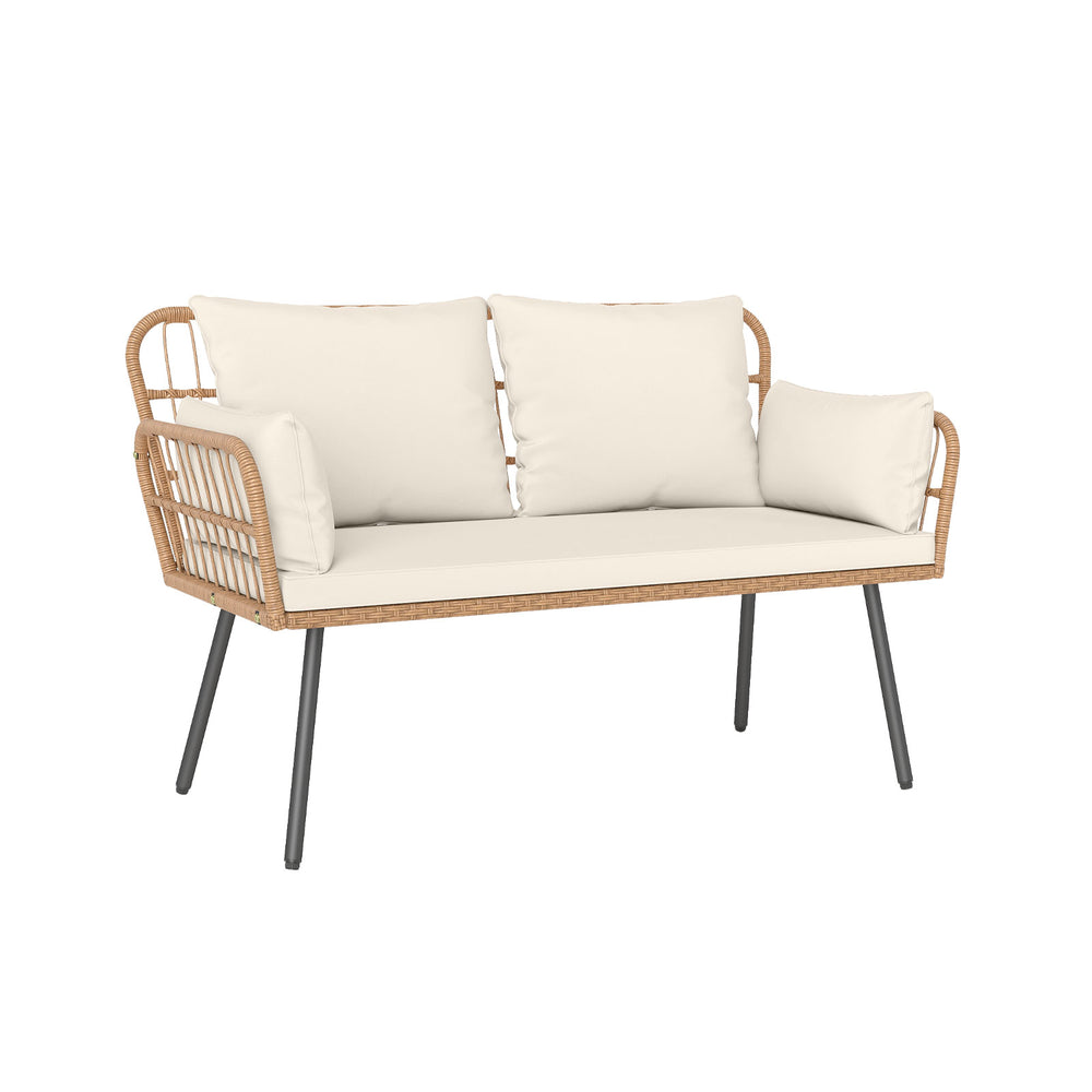 Oversized rattan 2-seat sofa with thick cushions, ergonomic design, and light brown hand-woven PE wicker for outdoor.