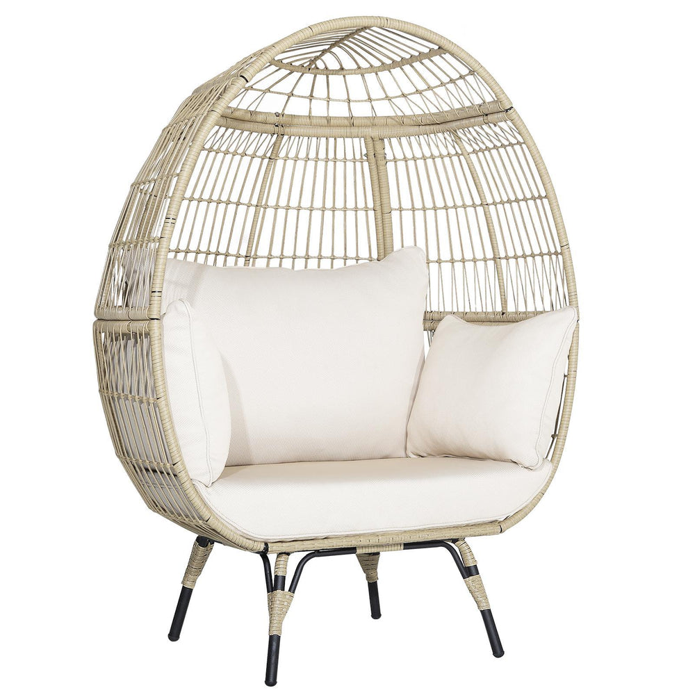 Oversized rattan egg lounge chair with thick cushions, ergonomic design, and spacious seating for two, ideal for.