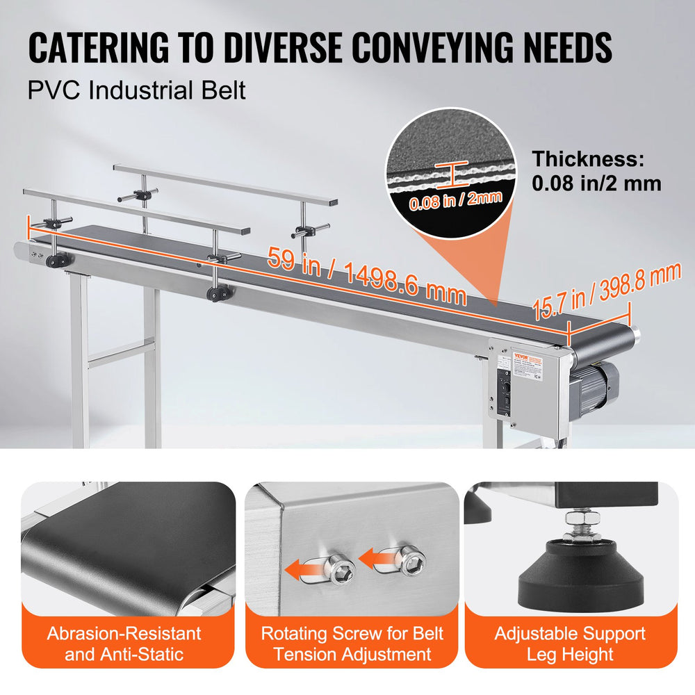 Vevor Motorized Conveyor With PVC Belt 59" x 15.7" Stainless Steel Adjustable Speed Double Guardrail for Inkjet Coding New