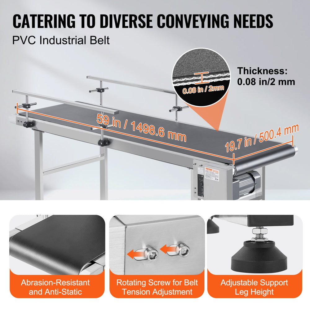 Vevor Motorized Conveyor With PVC Belt 59" x 19.7" Stainless Steel Adjustable Speed Double Guardrail for Inkjet Coding New