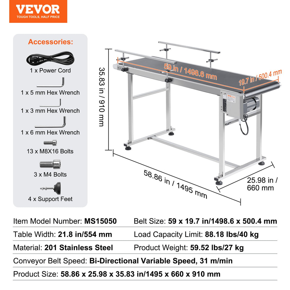 Vevor Motorized Conveyor With PVC Belt 59" x 19.7" Stainless Steel Adjustable Speed Double Guardrail for Inkjet Coding New