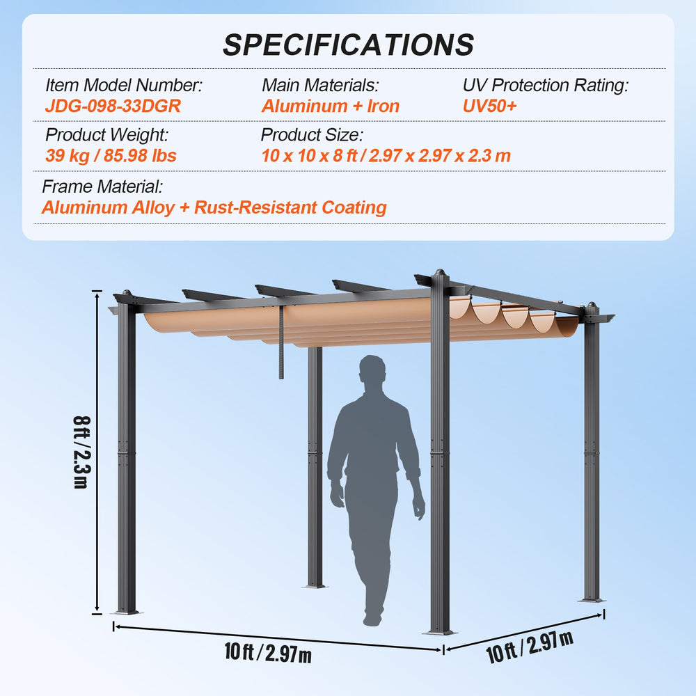 Vevor Outdoor Retractable Pergola 10' x 10' with Adjustable Sun Shade Canopy New