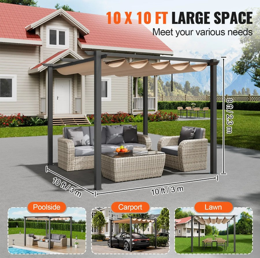 Vevor Retractable Pergola 10' x 10' with Adjustable Sun Shade Canopy Aluminum Frame New