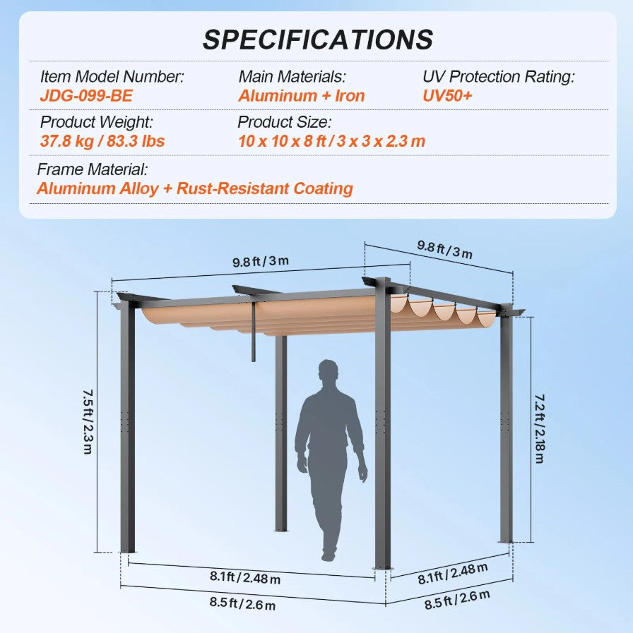 Vevor Retractable Pergola 10' x 10' with Adjustable Sun Shade Canopy Aluminum Frame New