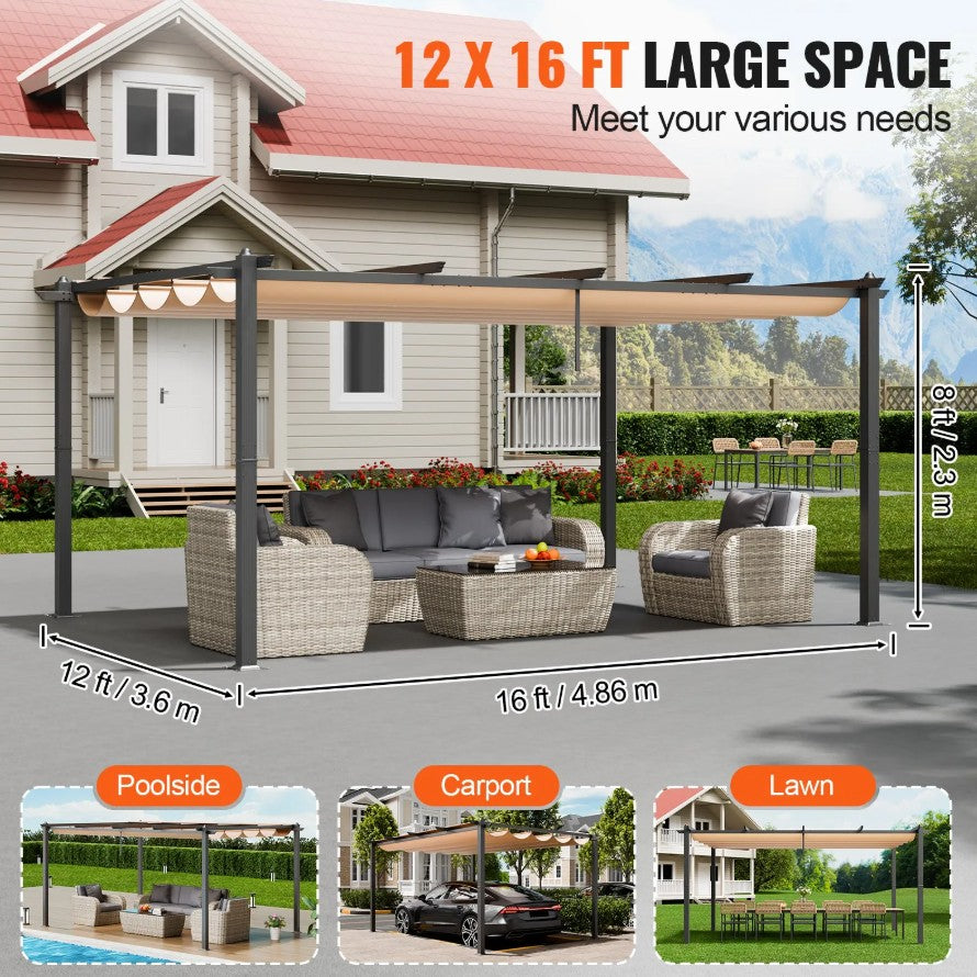 Vevor Retractable Pergola 12'x16' with Adjustable Sun Shade Canopy Aluminum Frame New