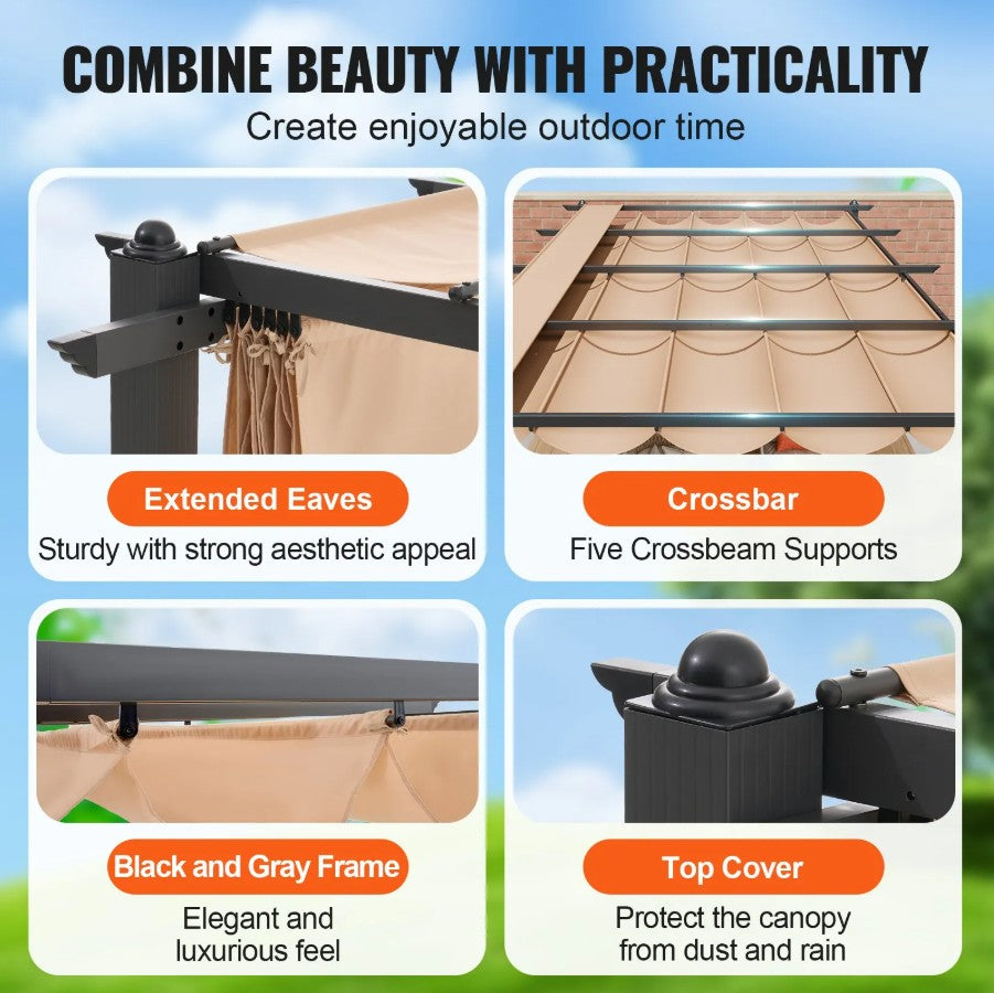 Vevor Retractable Pergola 12'x16' with Adjustable Sun Shade Canopy Aluminum Frame New