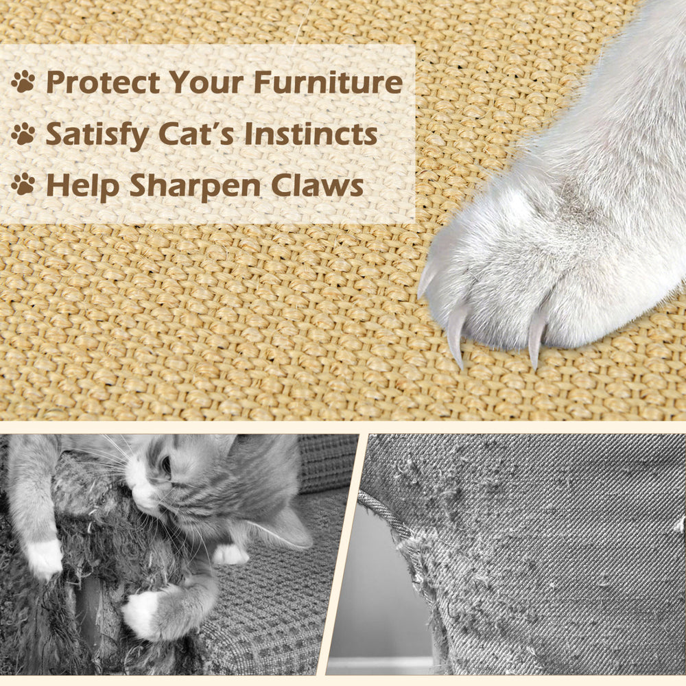 Natural sisal cat scratcher mat set, 32" x 20", designed for claw sharpening and furniture protection.