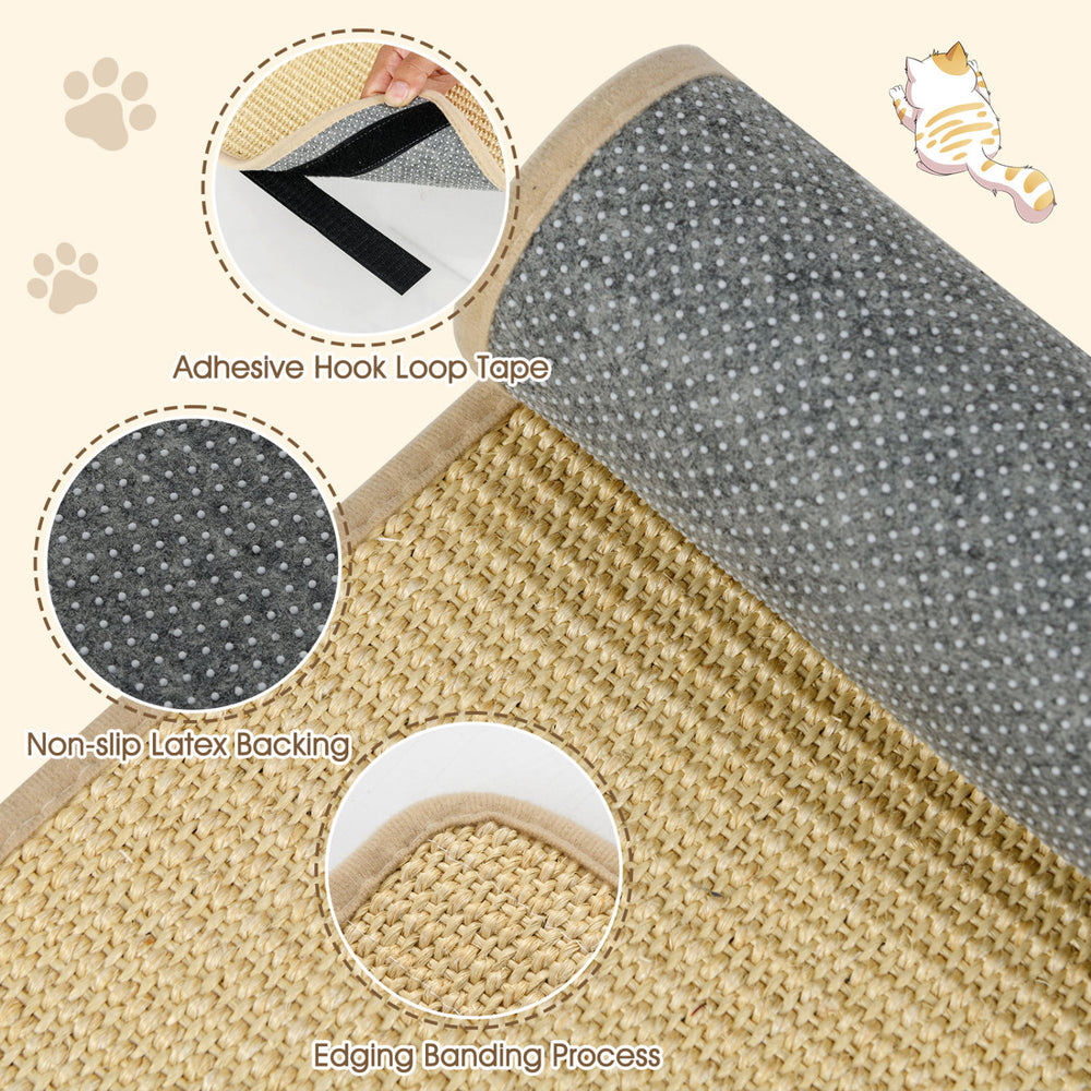Close-up of a natural sisal cat scratcher mat with non-slip latex backing and adhesive hook loop tape for stability.