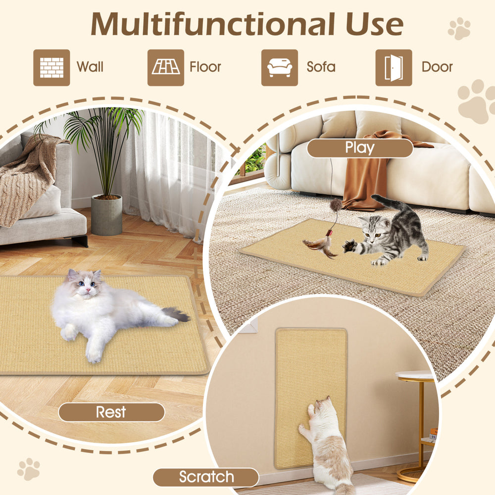 Large natural sisal cat scratcher mat set, 32" x 20", ideal for scratching, playing, and resting on various surfaces.