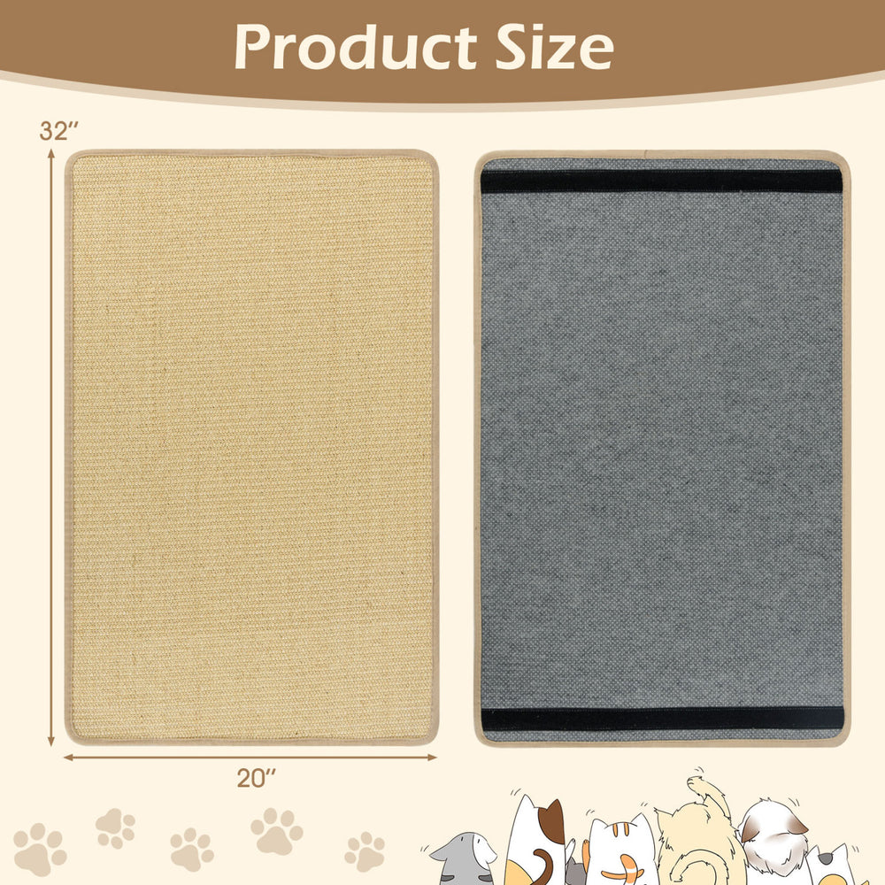 Large 32" x 20" natural sisal cat scratcher mats with anti-slip bottoms, ideal for clawing and protecting furniture.