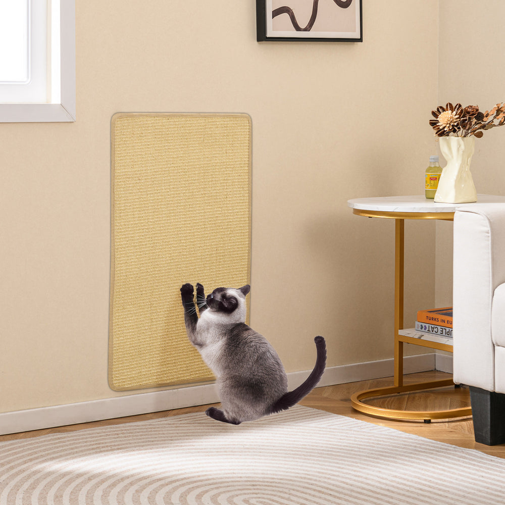 Cat scratching mat set featuring a 32" x 20" natural sisal pad, designed for stability and furniture protection.