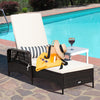 Adjustable PE rattan chaise lounge chair with cream cushion and lumbar pillow, perfect for poolside relaxation.