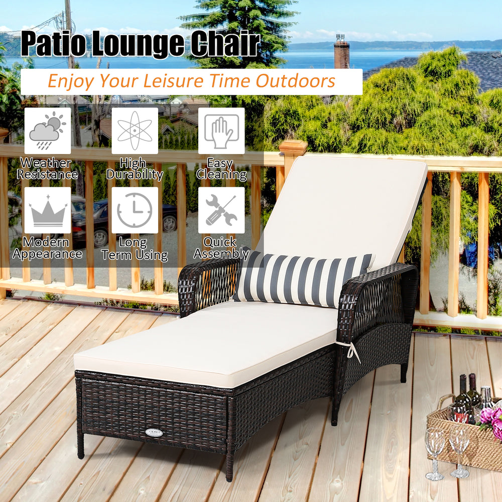 Adjustable PE rattan chaise lounge chair with soft cushion and lumbar pillow, perfect for outdoor relaxation by the.