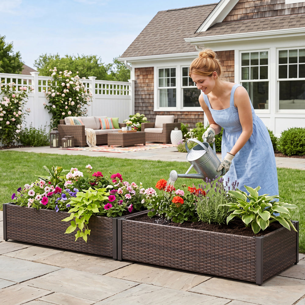 Raised garden bed made of durable PE rattan, featuring an open-ended base for healthy plant growth and easy access.