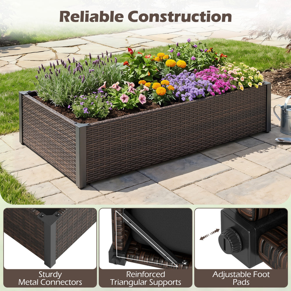PE rattan raised garden bed with removable liner and adjustable foot pads, ideal for outdoor planting in patios or backyards.