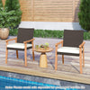 Two PE rattan outdoor patio dining chairs with acacia wood armrests and removable cushions, perfect for outdoor.
