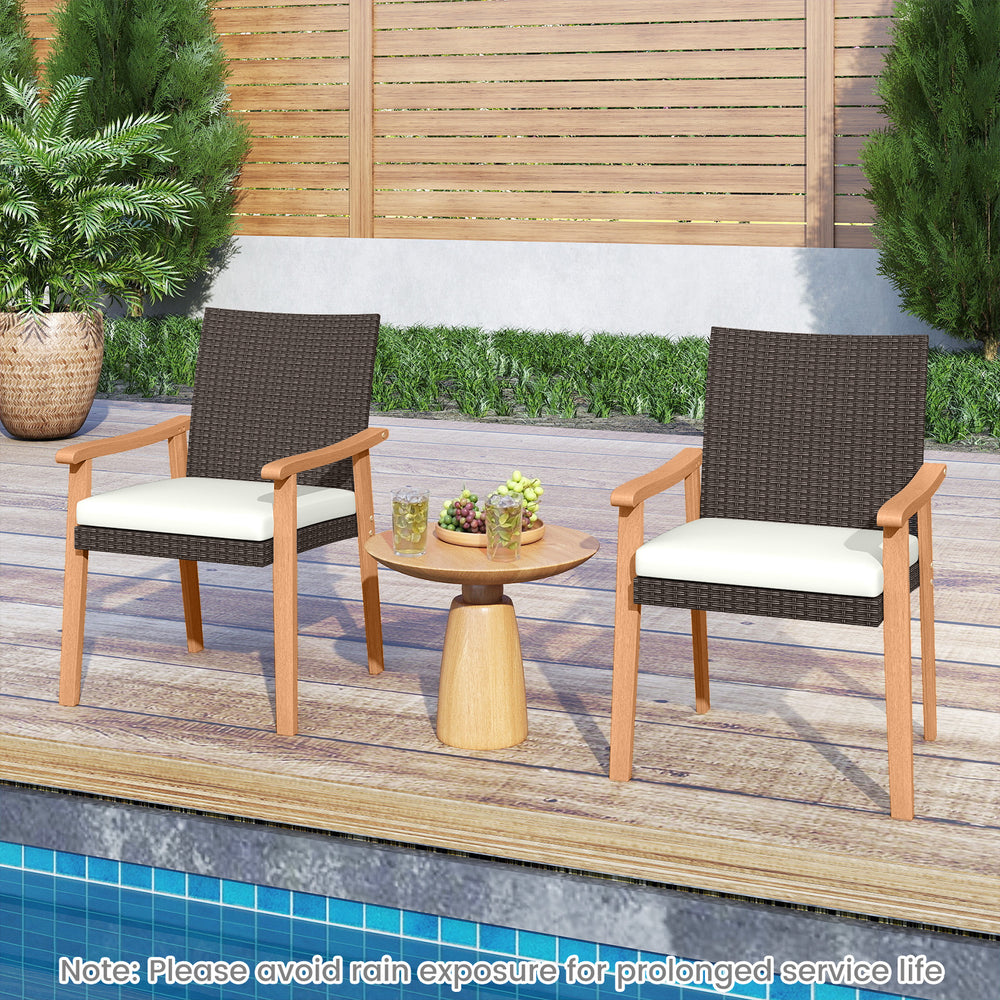 Two PE rattan outdoor patio dining chairs with acacia wood armrests and removable cushions, perfect for outdoor.
