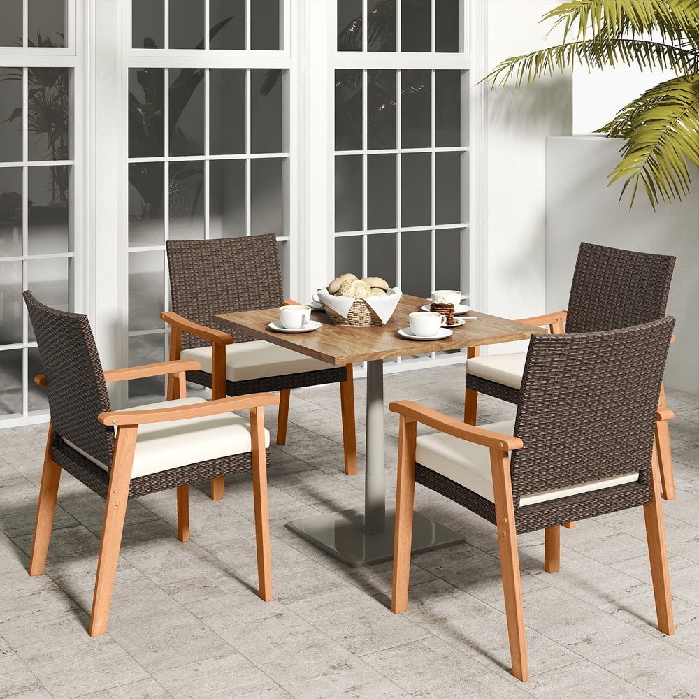 Outdoor patio dining chair set featuring PE rattan, acacia wood armrests, and removable cushions for comfortable.