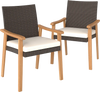 Set of 2 PE rattan outdoor dining chairs with acacia wood armrests and removable white cushions for patio relaxation.