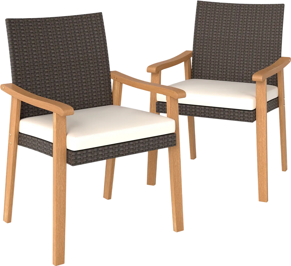 Set of 2 PE rattan outdoor dining chairs with acacia wood armrests and removable white cushions for patio relaxation.
