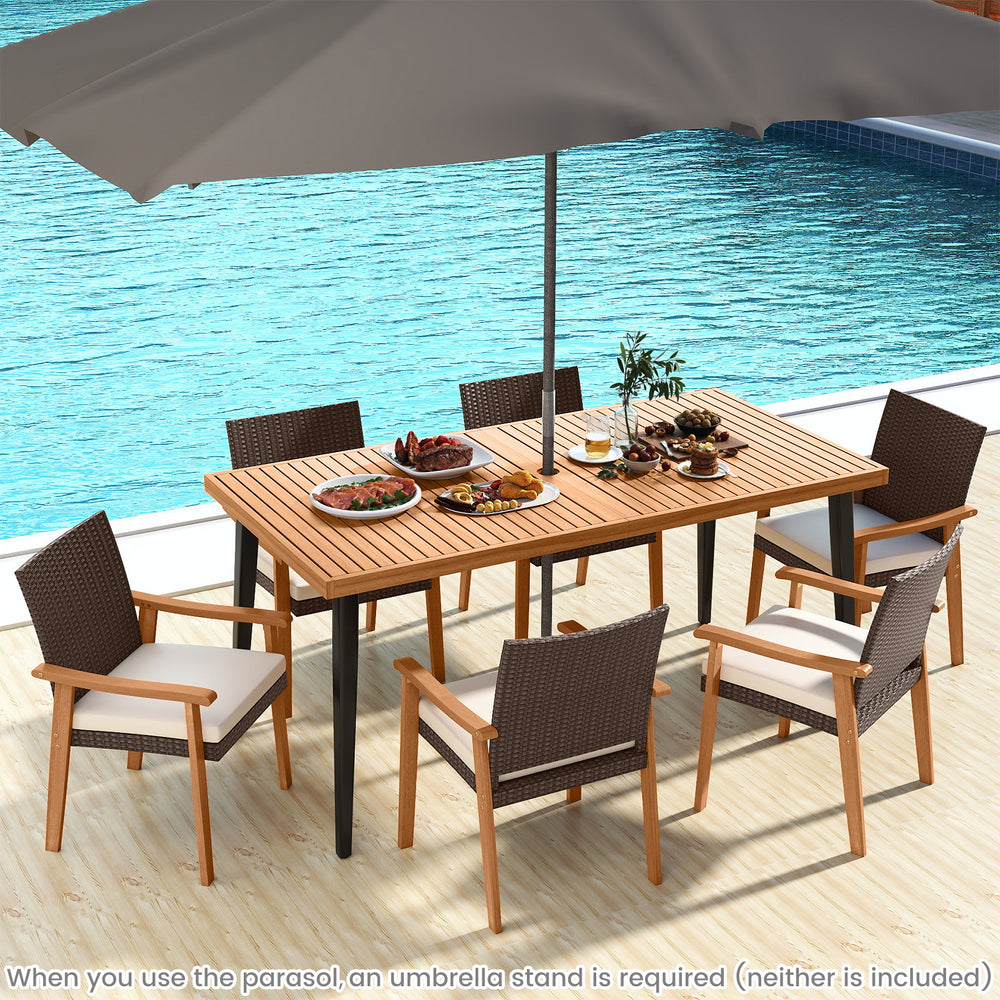 Single PE rattan outdoor patio dining chair with acacia wood armrests, featuring a removable cushion for added comfort.