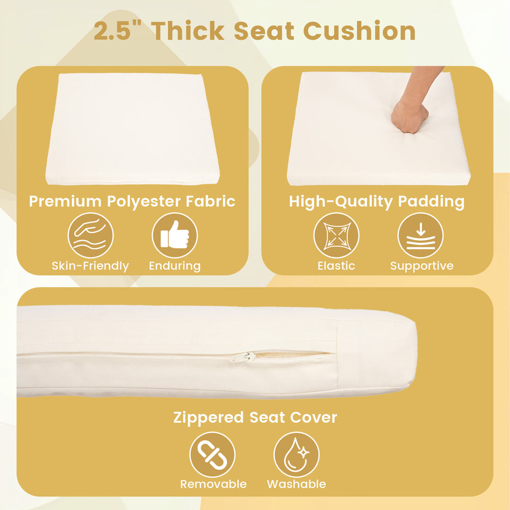 2.5" thick seat cushion with removable zippered cover, made of premium polyester for outdoor patio dining chairs.